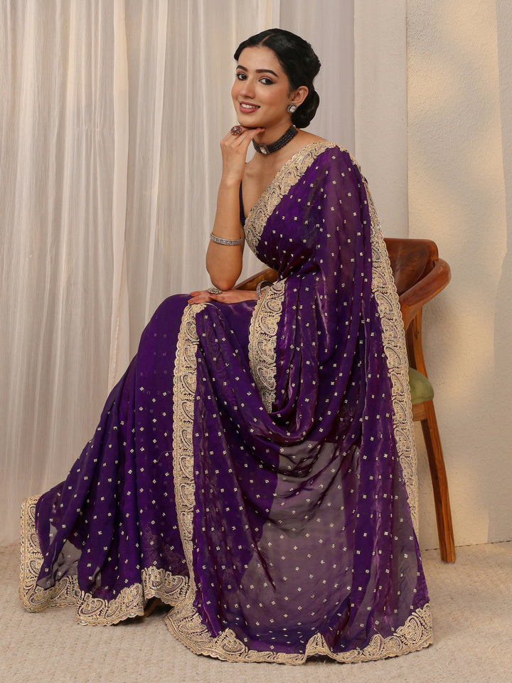 Purple Embellished Tissue Saree With Unstitched Blouse Piece