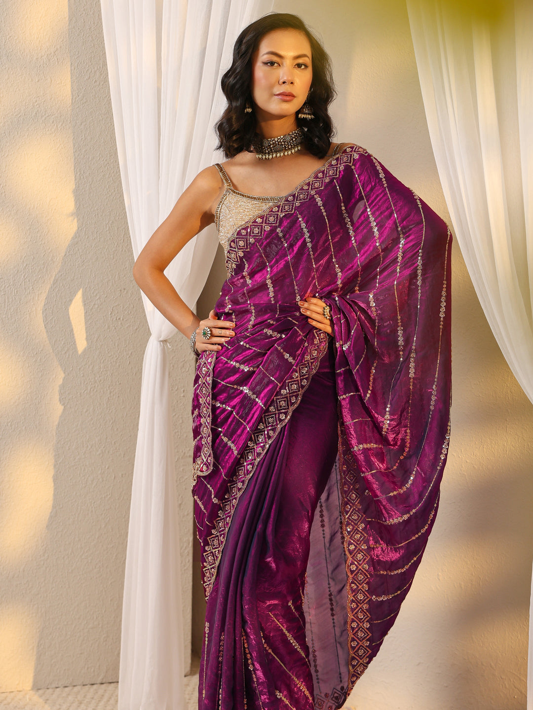 Purple Embellished Tissue Saree With Unstitched Blouse Piece