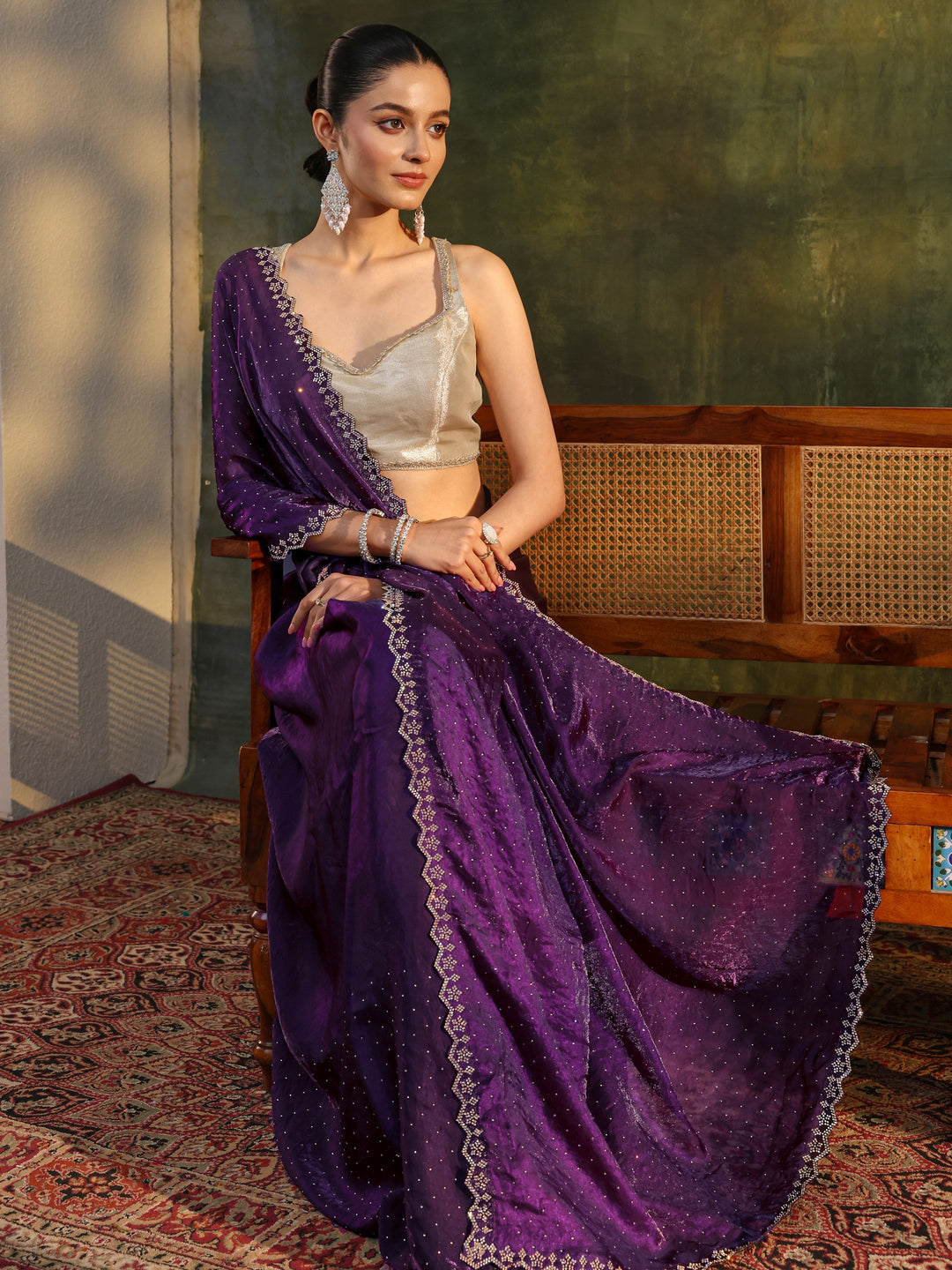 Purple Embellished Tissue Saree With Unstitched Blouse Piece