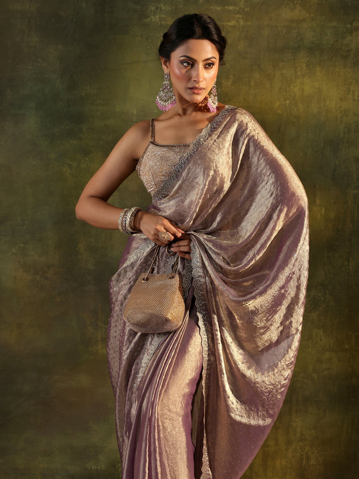 Purple Embellished Tissue Saree With Unstitched Blouse Piece