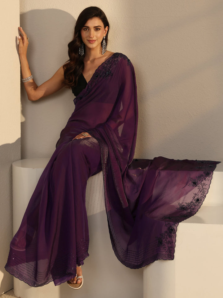 Libas Purple Embellished Tissue Saree With Unstitched Blouse Piece
