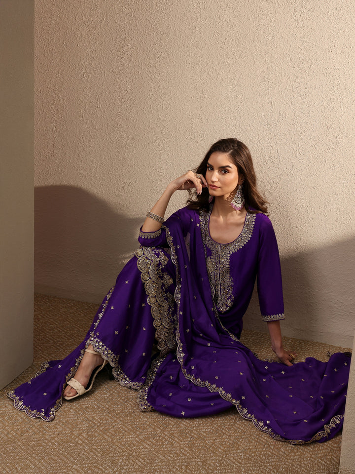 Purple Embroidered Chinon Straight Suit Set With Dupatta