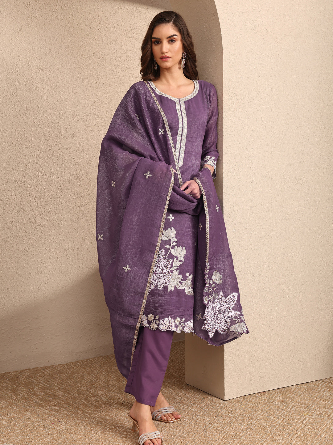 Purple Embroidered Chinon Straight Suit Set With Dupatta