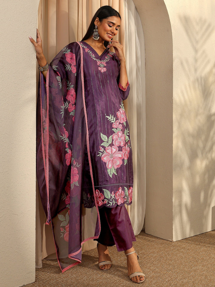 Purple Embroidered Crepe Straight Suit Set With Dupatta
