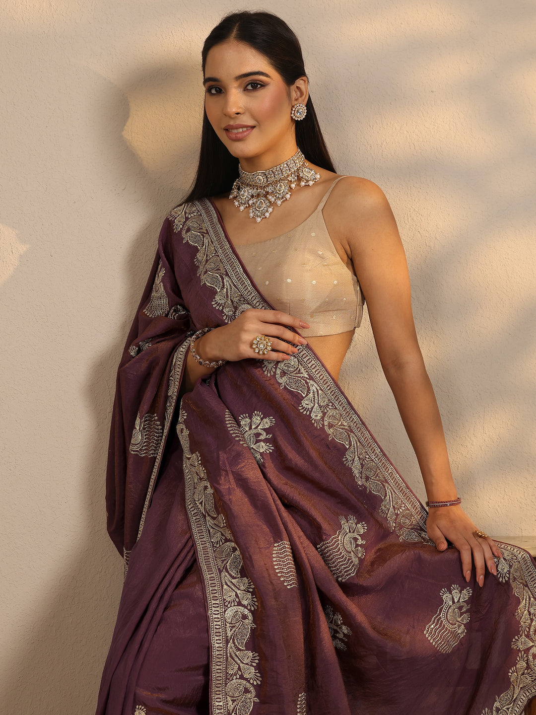 Purple Embroidered Organza Saree With Unstitched Blouse Piece