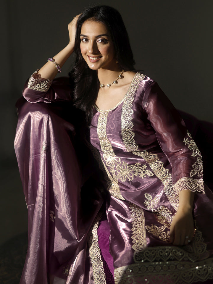 Purple Embroidered Organza Straight Suit Set With Dupatta