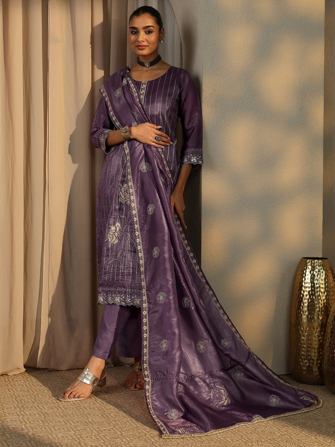 Purple Embroidered Organza Straight Suit Set With Dupatta