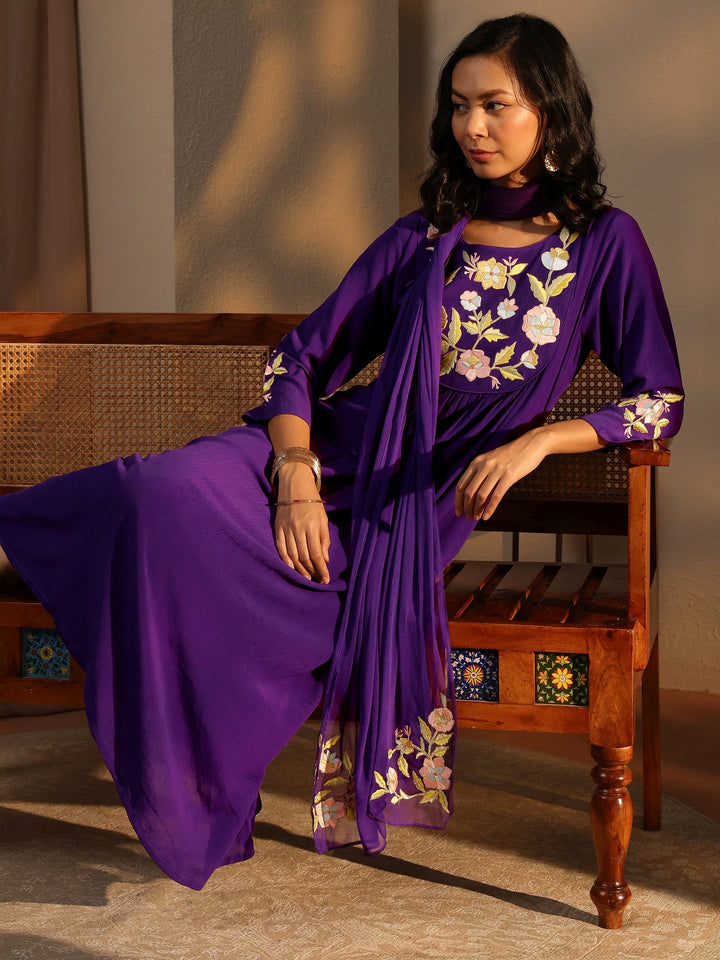 Purple Embroidered Silk Blend A-Line Suit Set With Dupatta