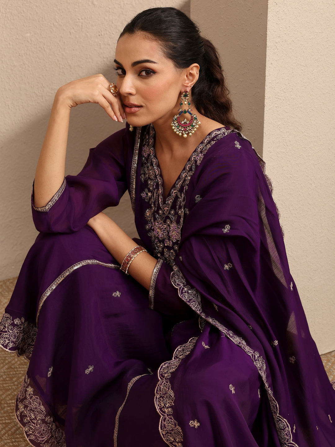 Purple Embroidered Silk Blend A-line Suit Set With Dupatta