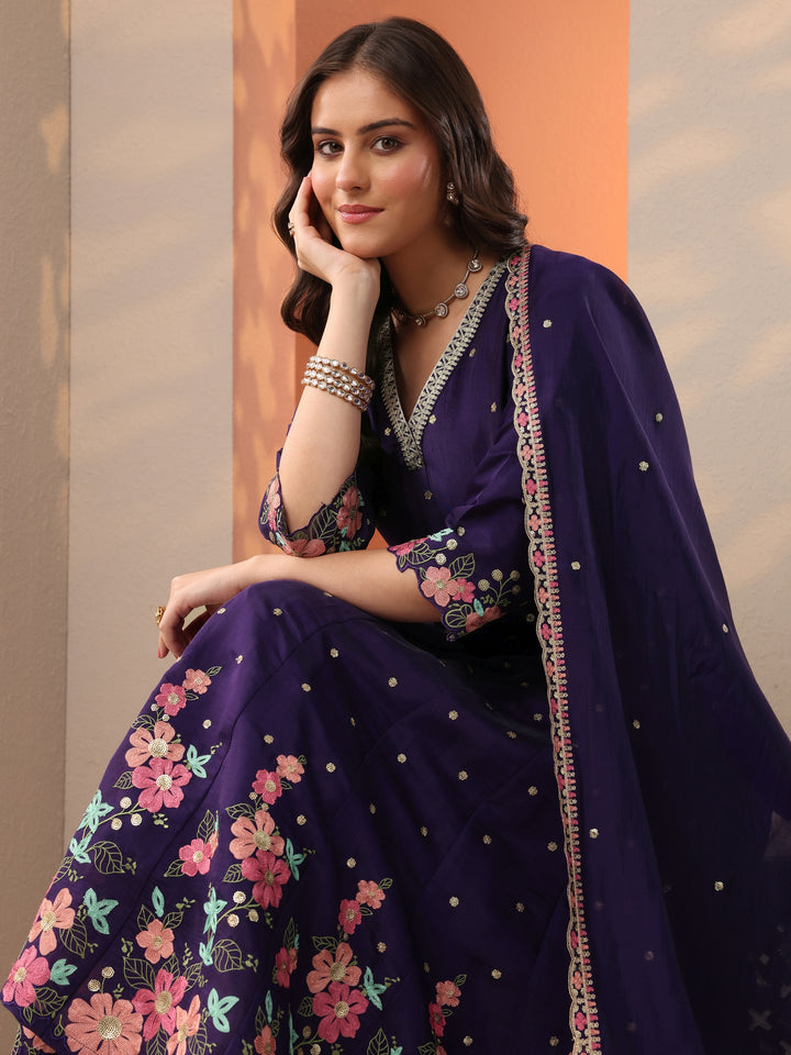 Purple Embroidered Silk Blend Anarkali Suit Set With Dupatta