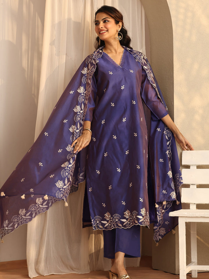 Purple Embroidered Silk Blend Straight Suit Set With Dupatta