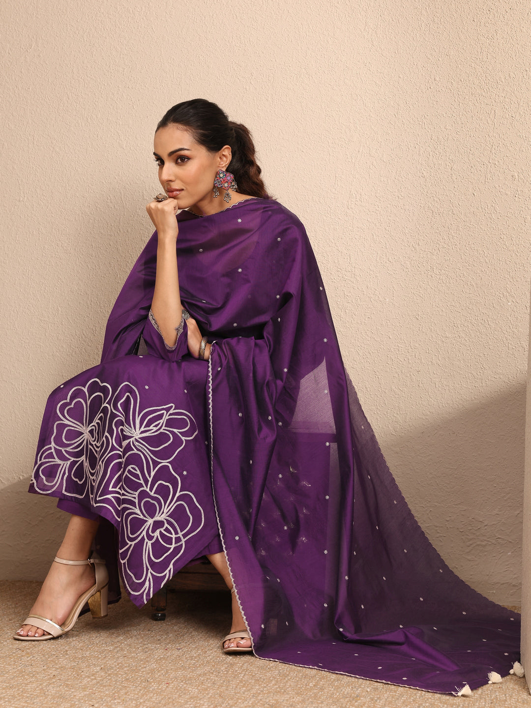 Purple Embroidered Silk Blend Straight Suit Set With Dupatta