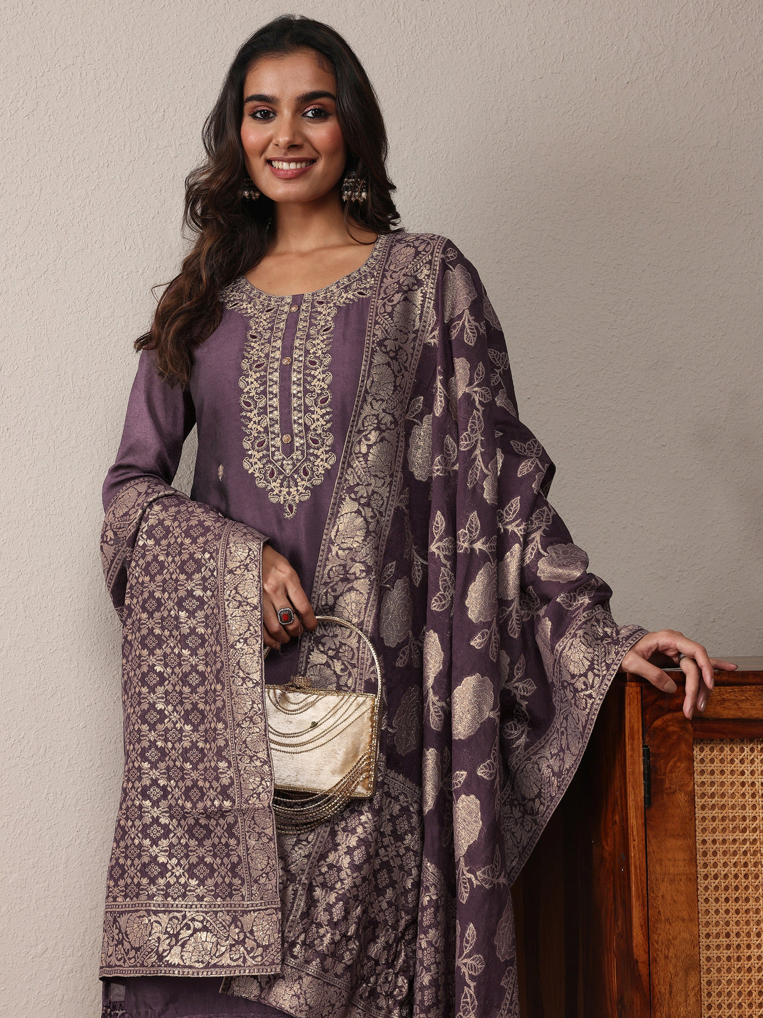 Purple Embroidered Silk Blend Straight Suit Set With Dupatta