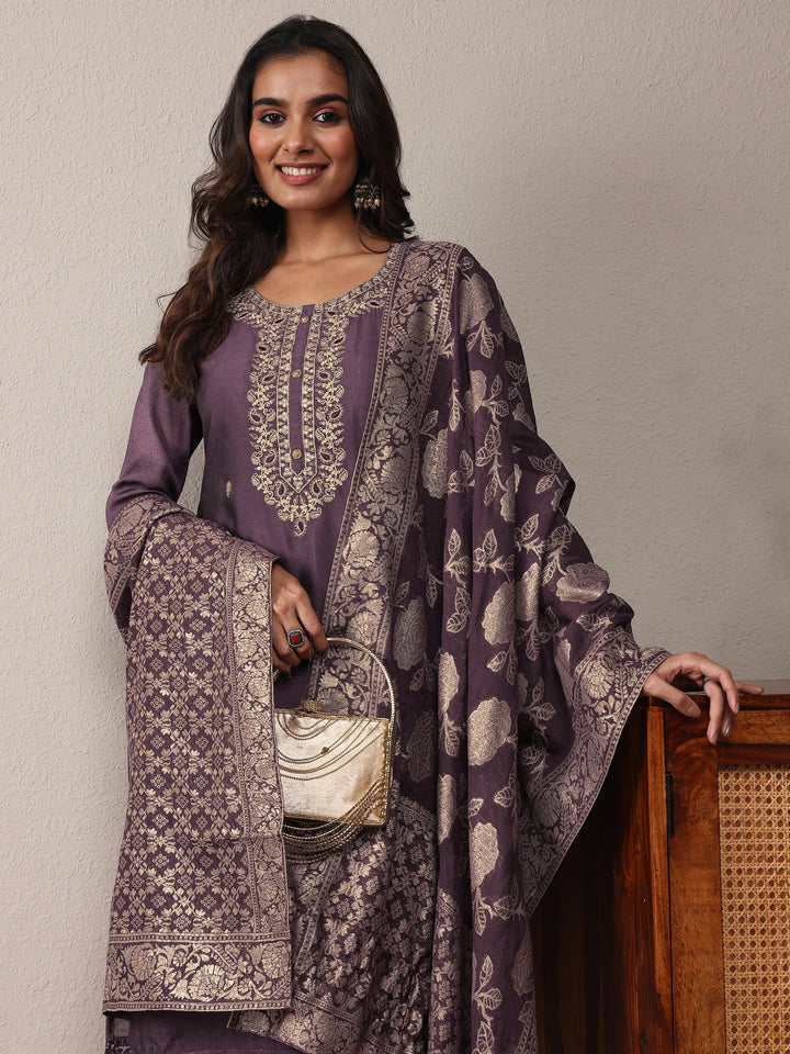 Purple Embroidered Silk Blend Straight Suit Set With Dupatta