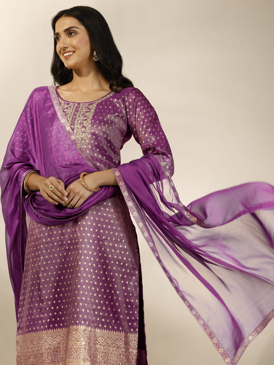 Purple Embroidered Silk Blend Straight Suit Set With Dupatta