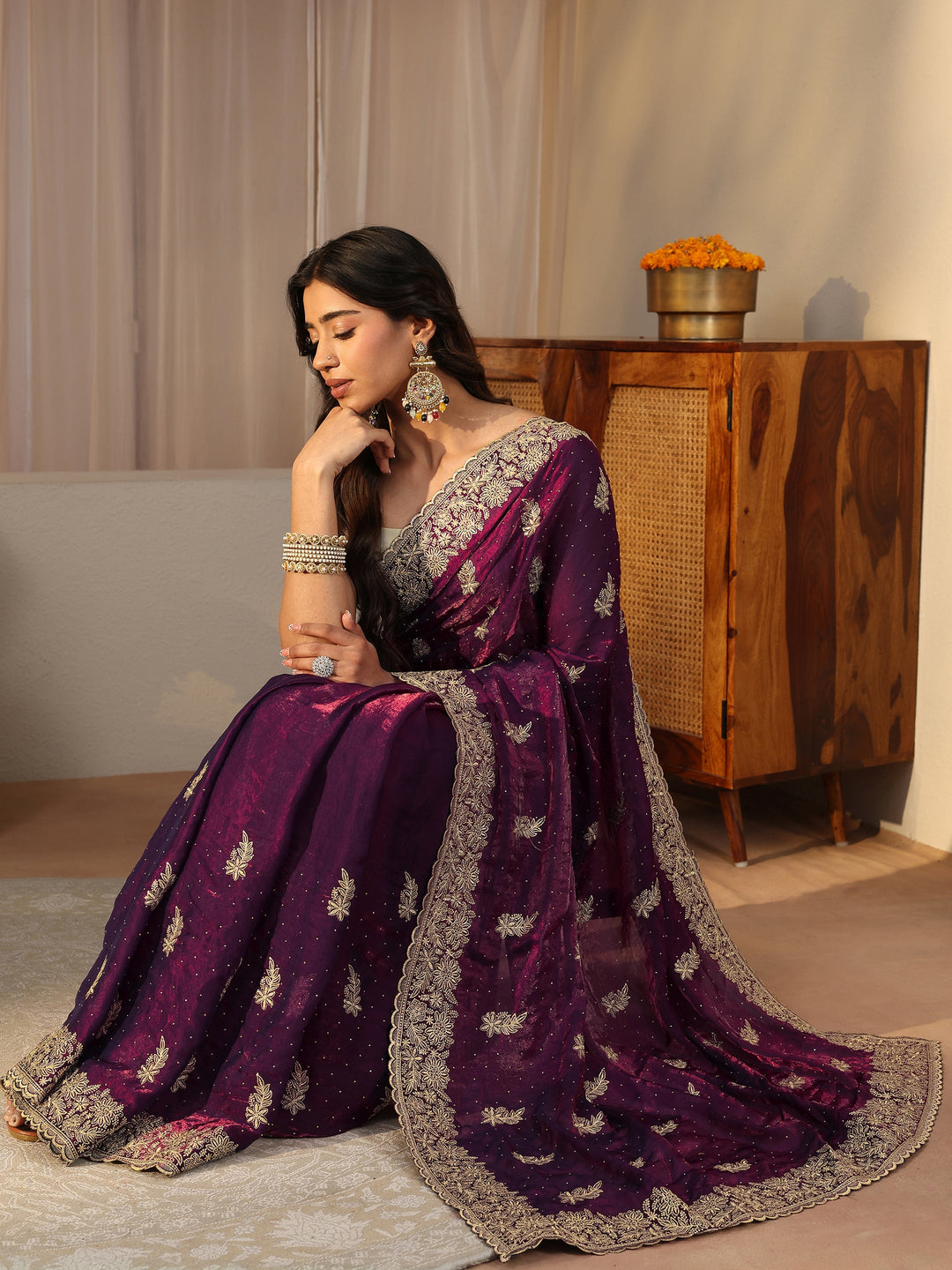 Purple Ethnic Embellished Tissue Saree