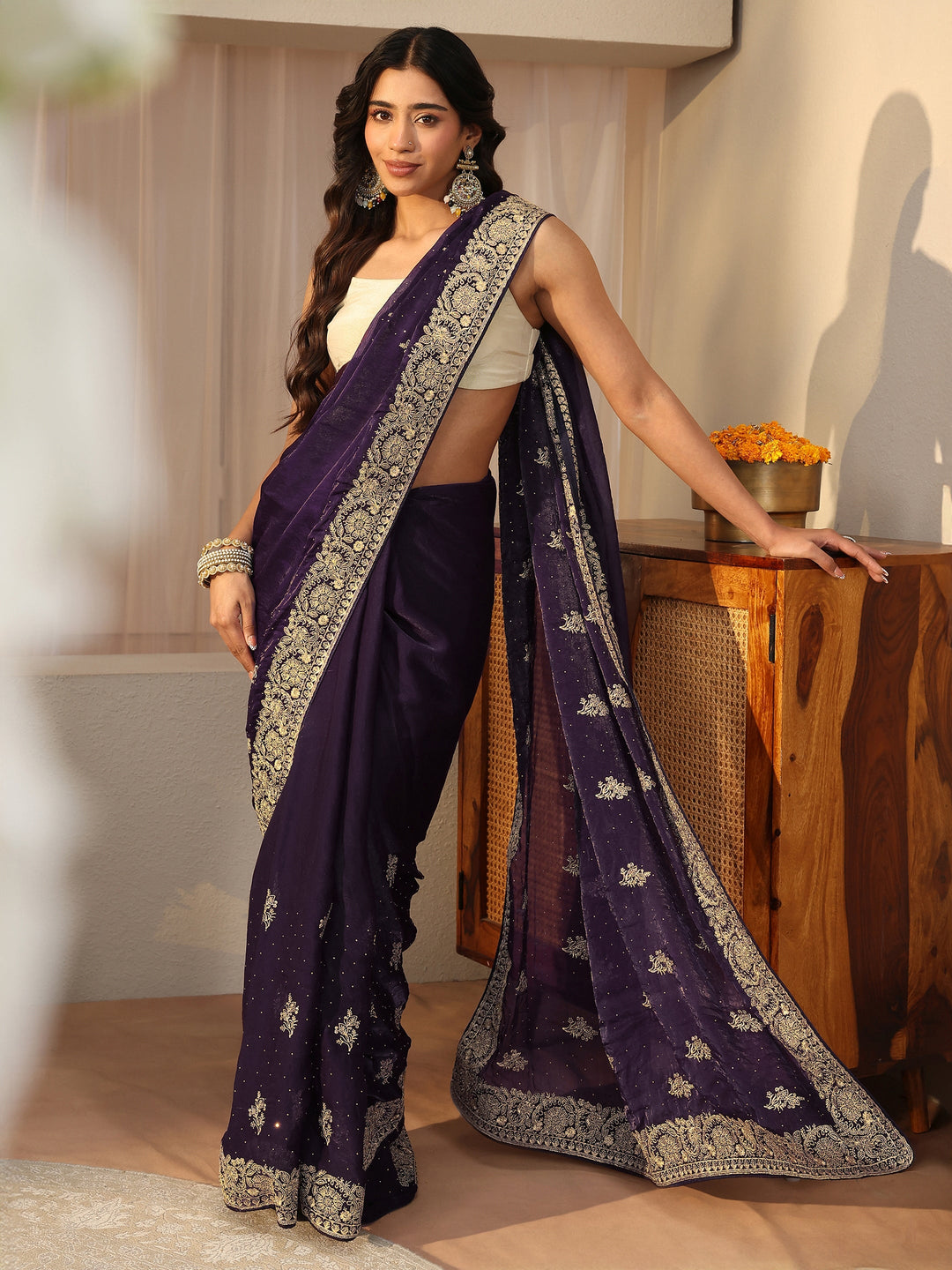 Purple Ethnic Embellished Tissue Saree