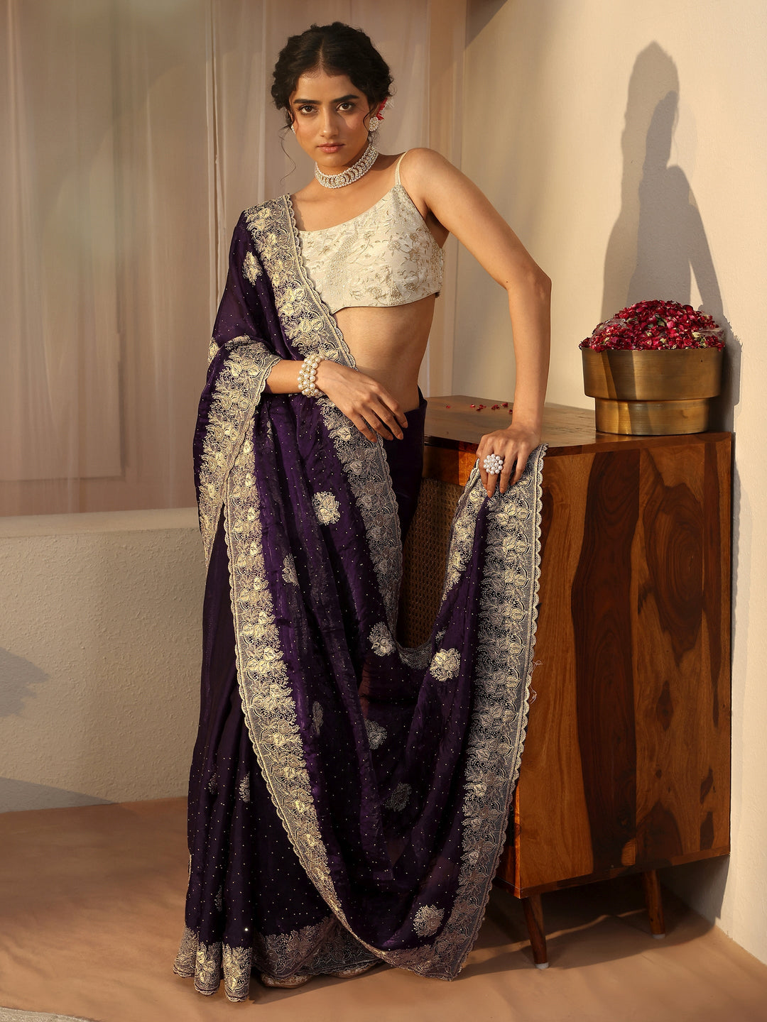 Purple Ethnic Embellished Tissue Saree