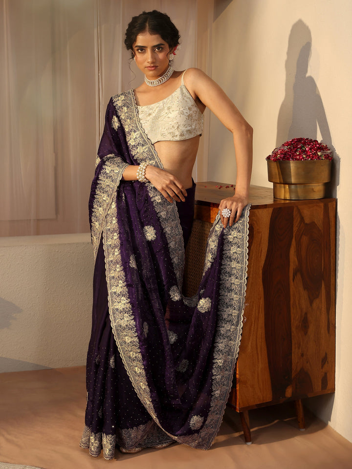 Purple Ethnic Embellished Tissue Saree
