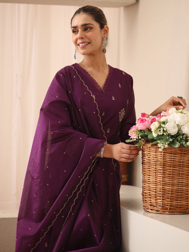 Purple Ethnic Embroidered Chanderi Silk Straight Suit Set