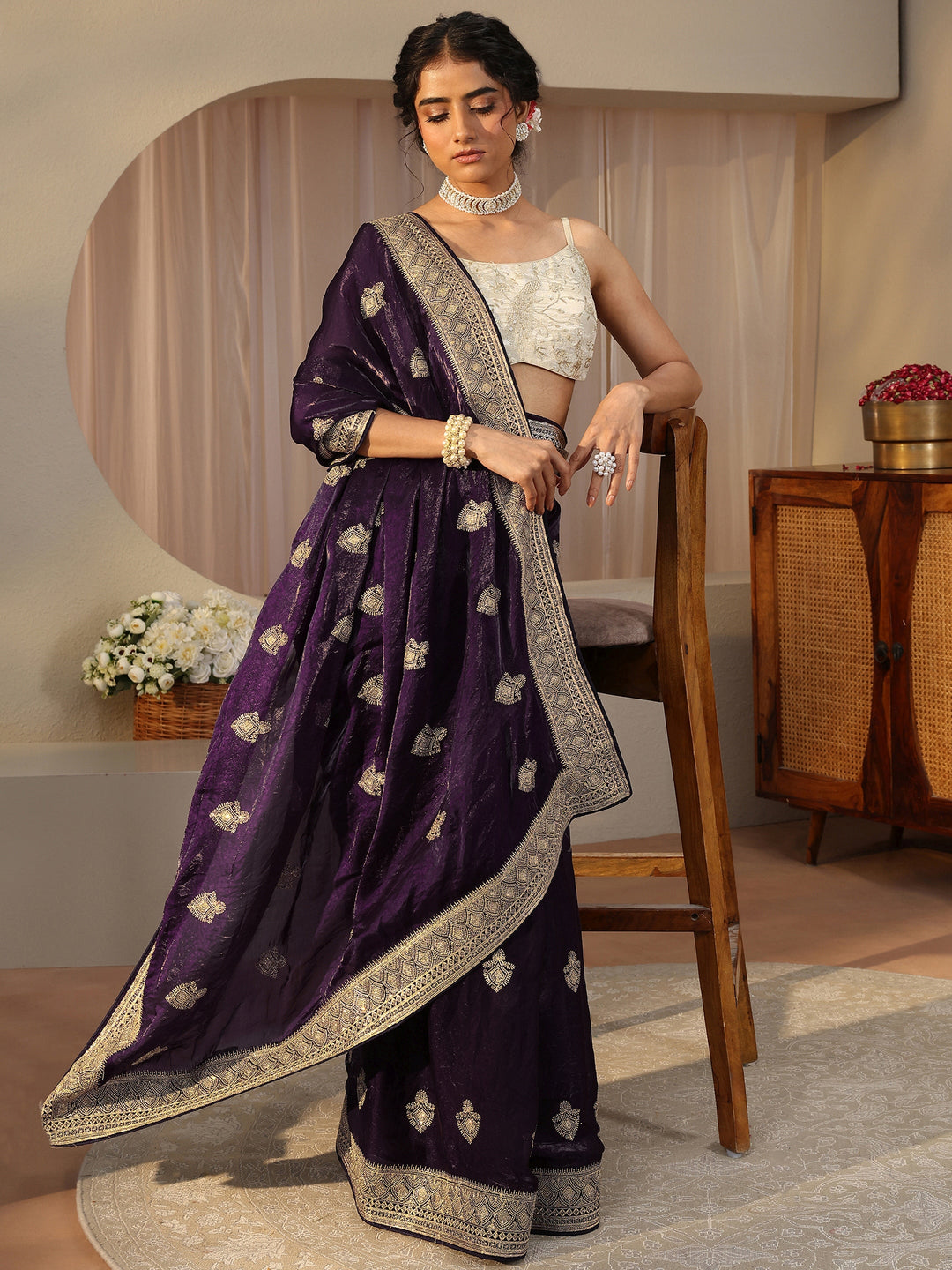 Purple Ethnic Embroidered Tissue Saree