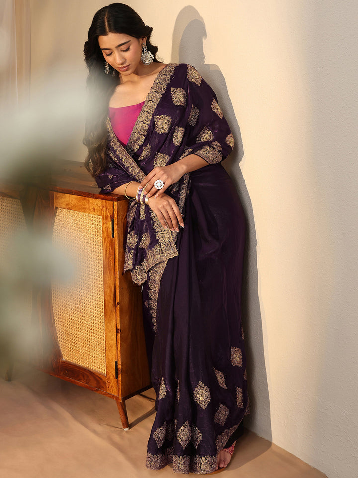 Purple Ethnic Embroidered Tissue Saree