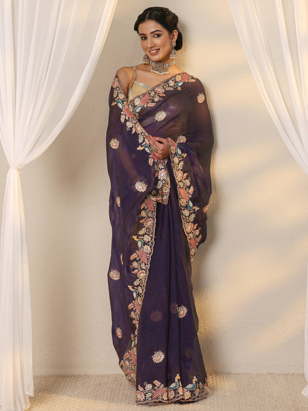 Purple Ethnic Embroidered Tissue Saree With Unstitched Blouse Piece