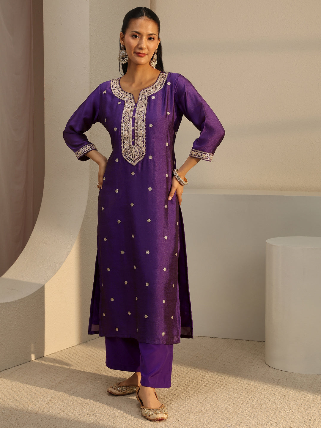 Purple Ethnic Embroidered Silk Blend Straight Kurta