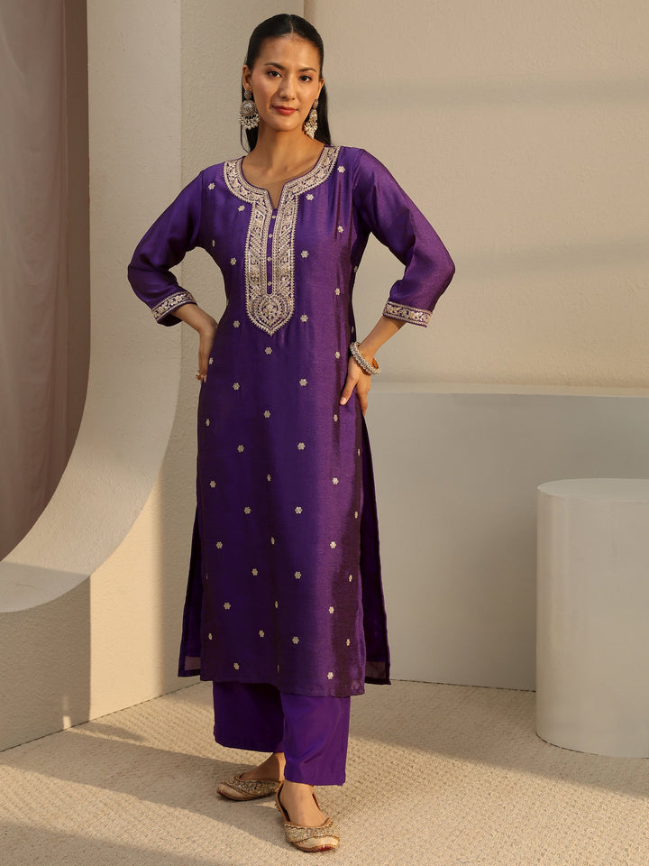 Purple Ethnic Embroidered Silk Blend Straight Kurta