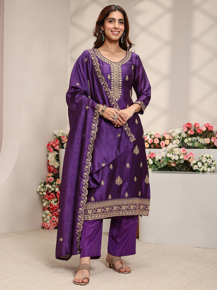 Purple Ethnic Motifs Embroidered Silk Blend Straight Suit Set With Dupatta