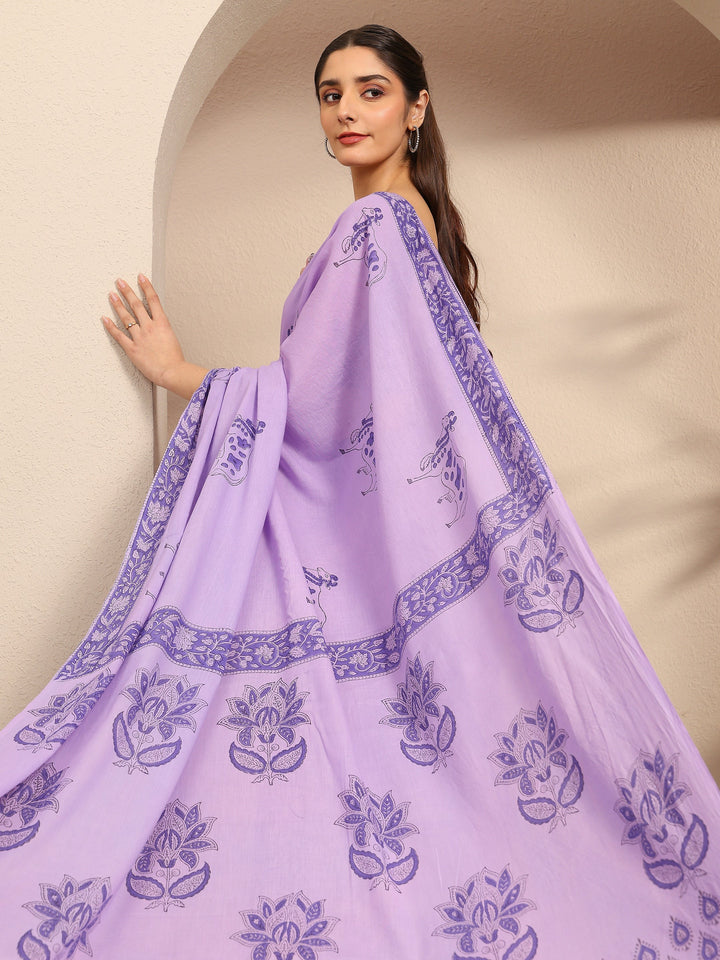 Purple Ethnic Motifs Printed Cotton Blend Saree With Unstitched Blouse Piece