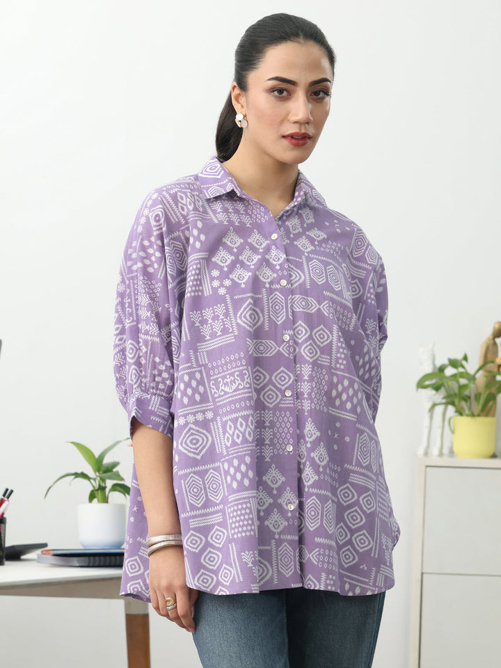 Purple Ethnic Motifs Printed Cotton Shirt