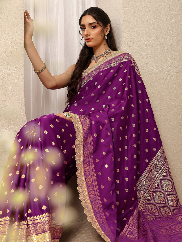 Purple Ethnic Motifs Woven Design Silk Blend Saree With Unstitched Blouse Piece