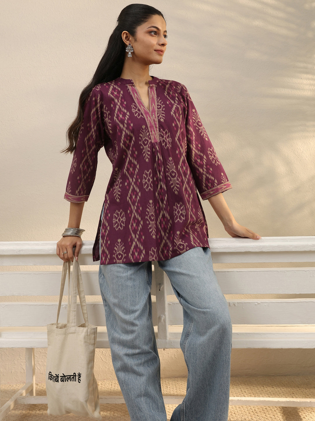 Purple Ethnic Printed Cotton A-Line Short Kurti