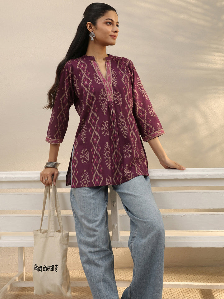 Purple Ethnic Printed Cotton A-Line Short Kurti
