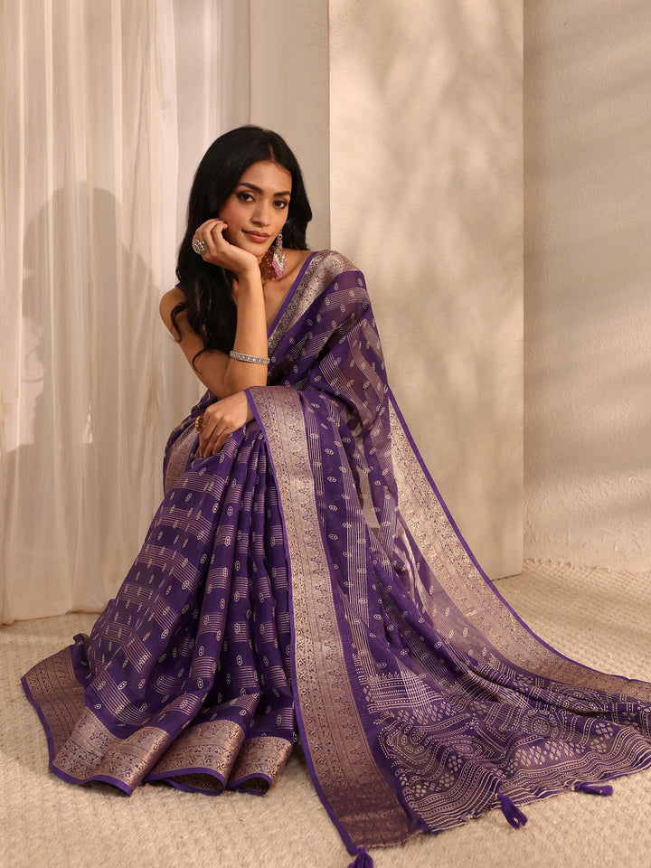 Purple Ethnic Woven Silk Blend Saree 
With Unstitched Blouse Piece