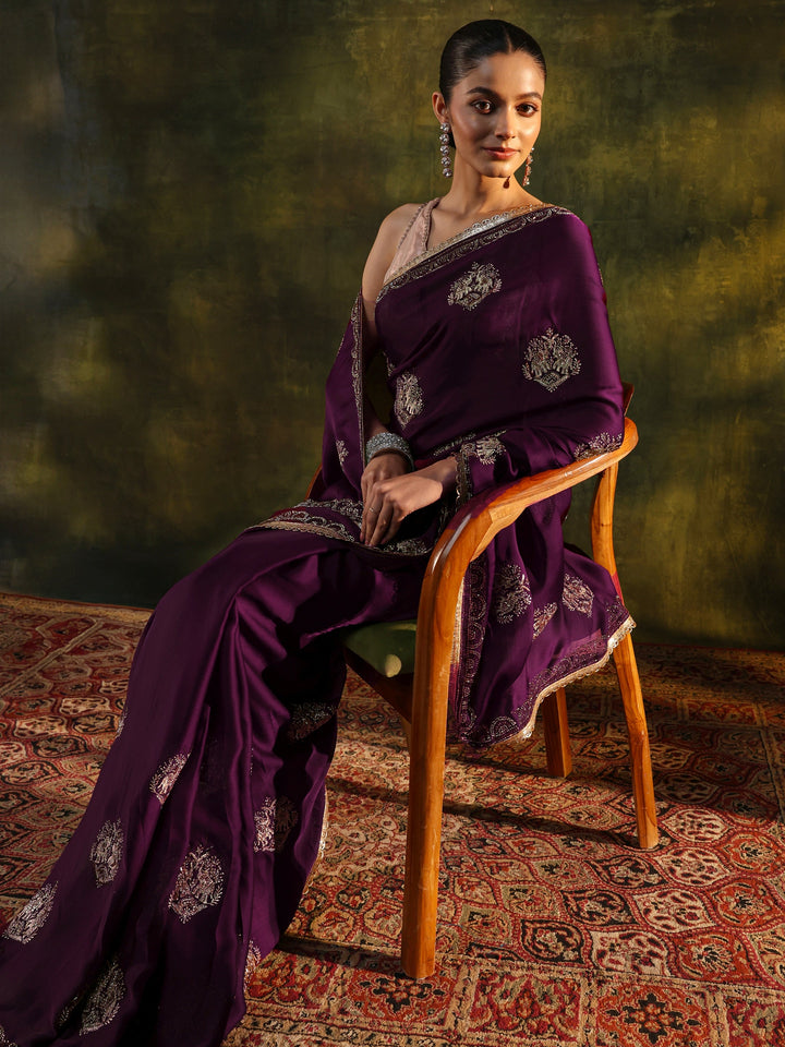 Purple Floral Embellished Satin Saree With Unstitched Blouse Piece