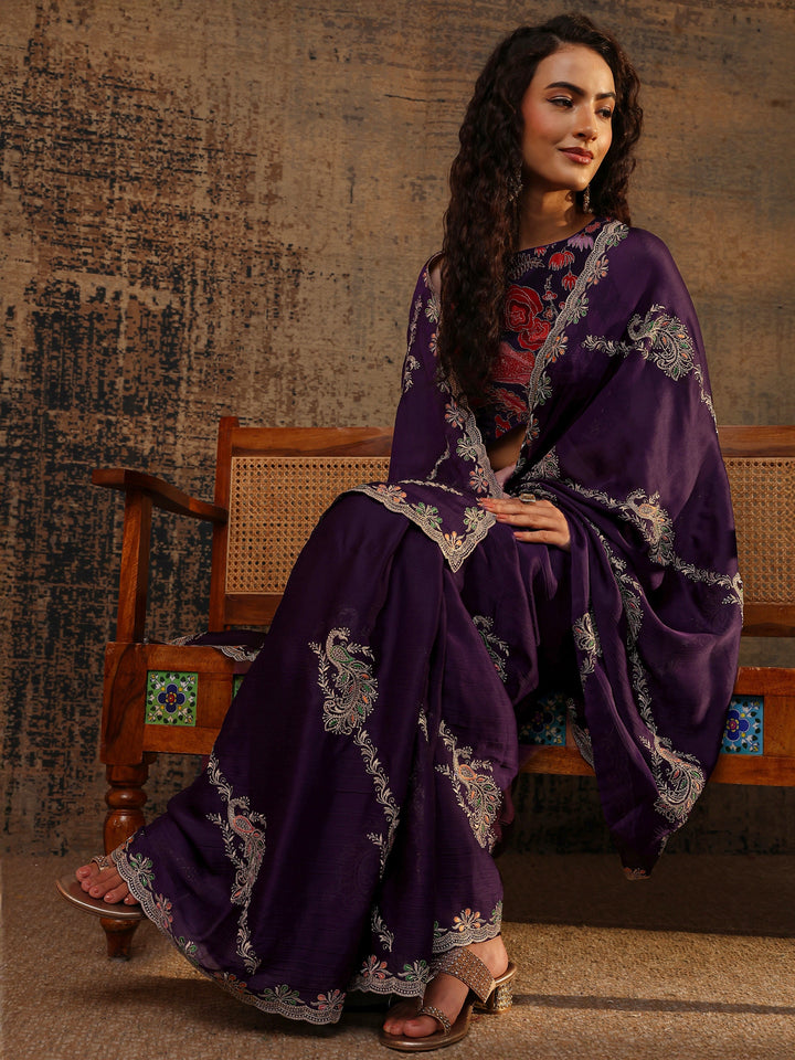 Purple Floral Embellished Satin Saree With Unstitched Blouse Piece