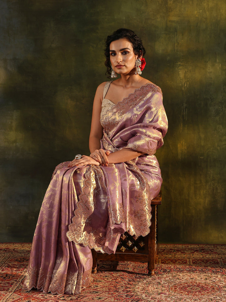 Libas Purple Floral Embellished Silk Saree With Unstitched Blouse Piece