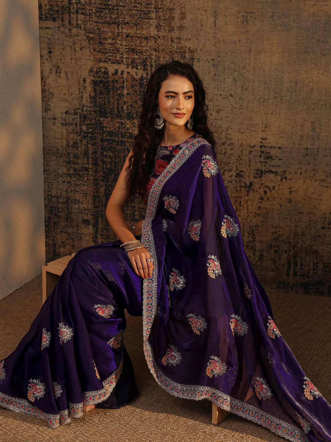 Purple Floral Embellished Tissue Saree With Unstitched Blouse Piece