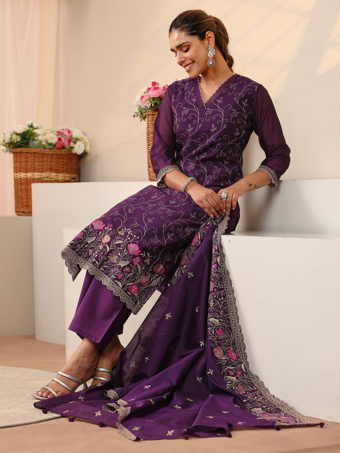 Purple Floral Embroidered Chanderi Silk Straight Suit Set