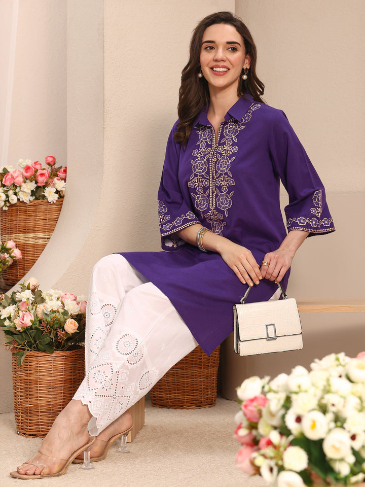Purple Floral Embroidered Cotton Straight Short Kurti