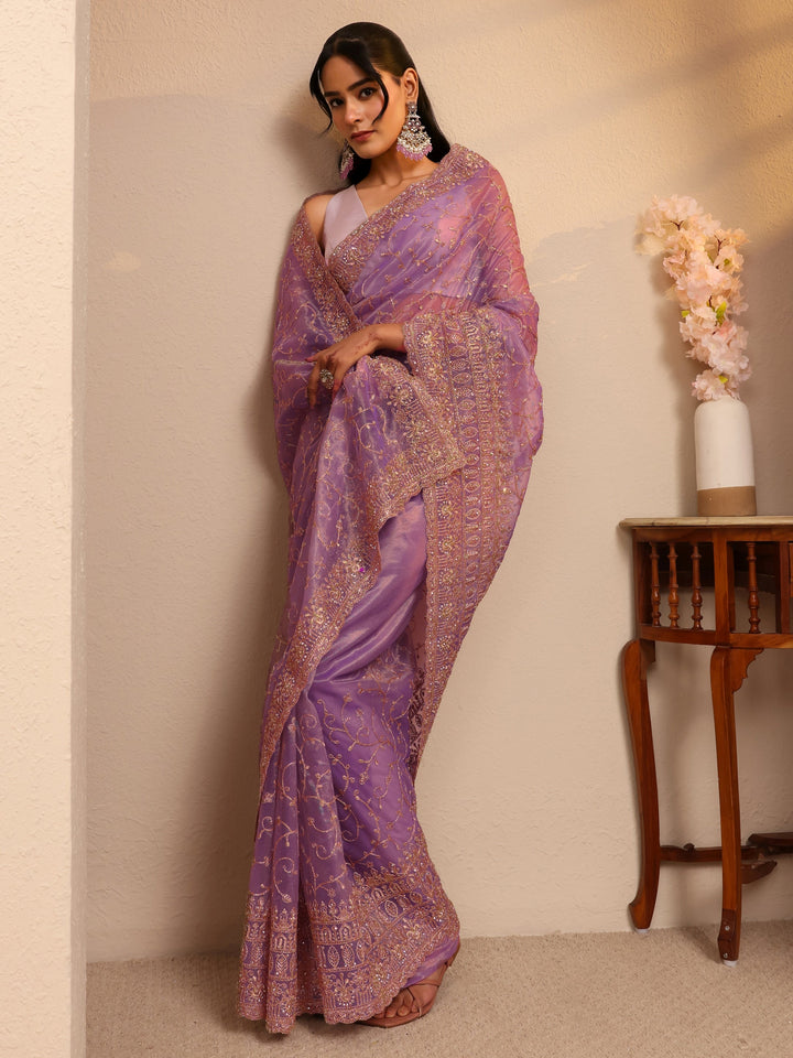 Libas Purple Floral Embroidered Net Saree