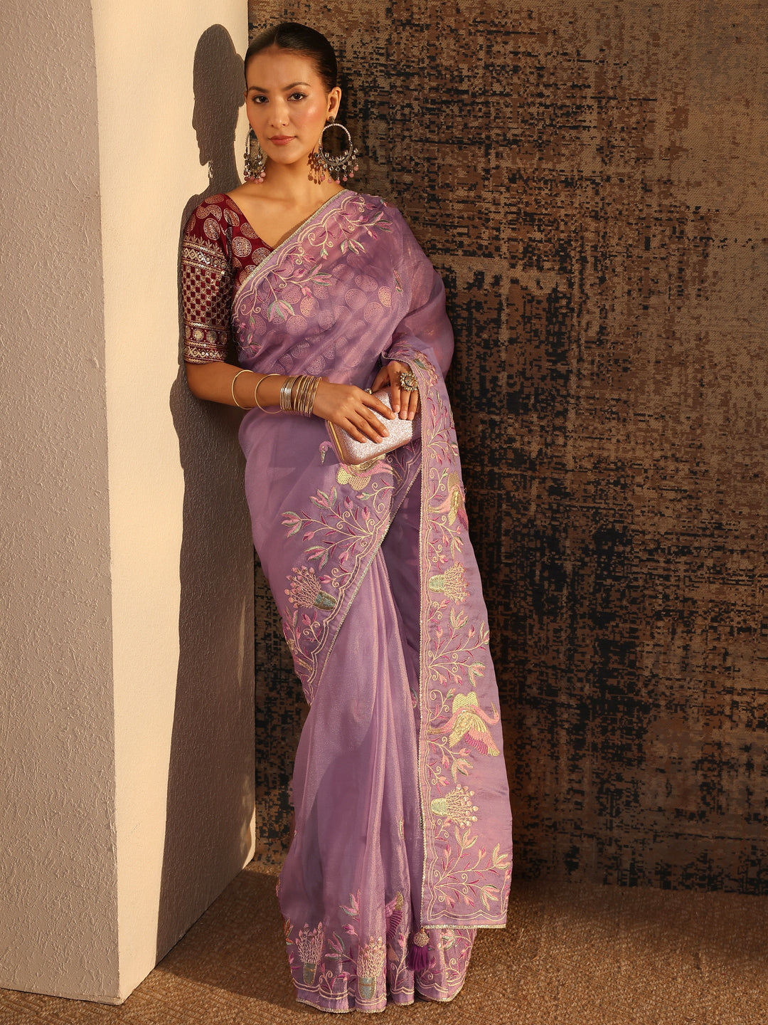 Purple Floral Embroidered Organza Saree With Unstitched Blouse Piece