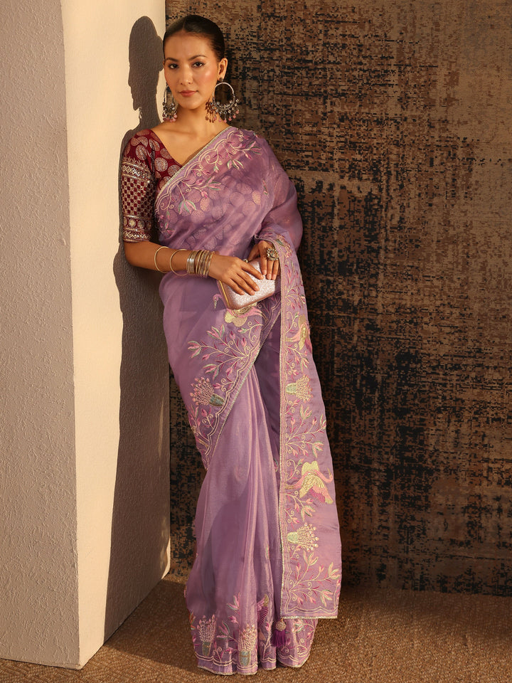 Purple Floral Embroidered Organza Saree With Unstitched Blouse Piece