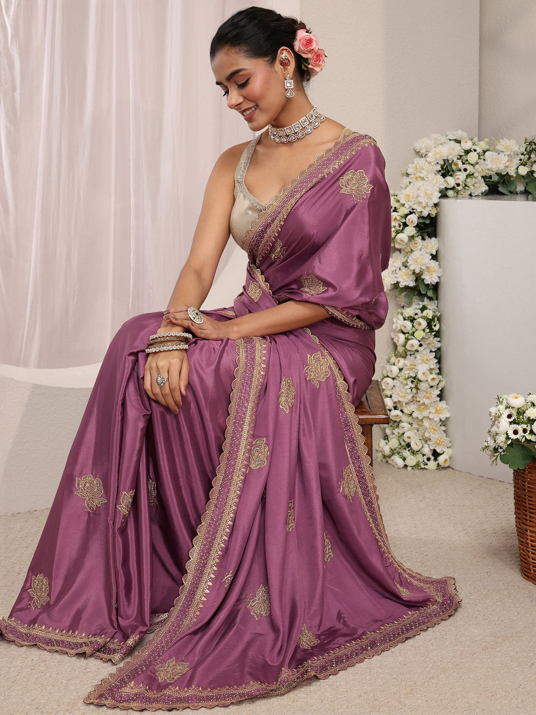 Libas Purple Floral Embroidered Satin Saree With Unstitched Blouse Piece