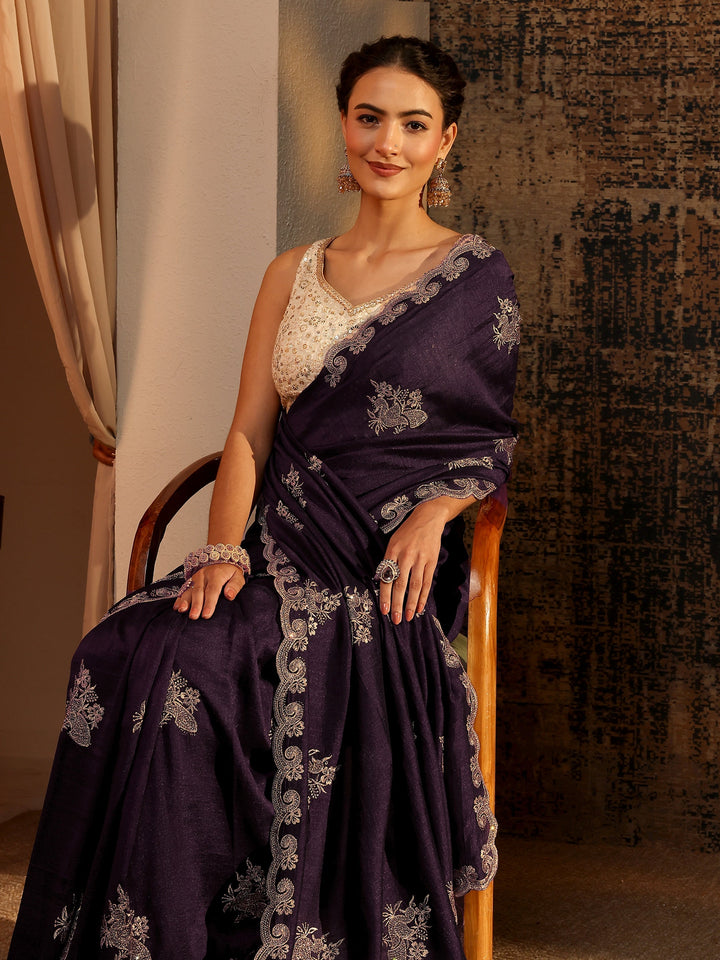 Purple Floral Embroidered Silk Blend Saree With Unstitched Blouse Piece