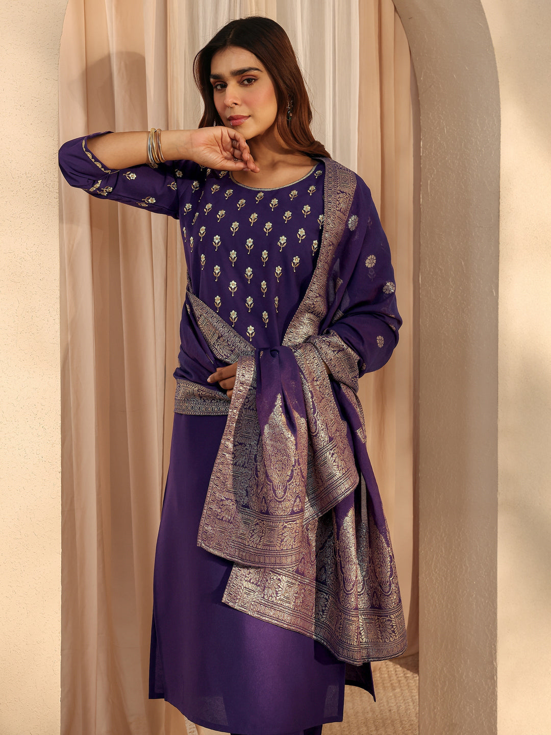 Purple Floral Embroidered Silk Blend Straight Suit Set With Dupatta