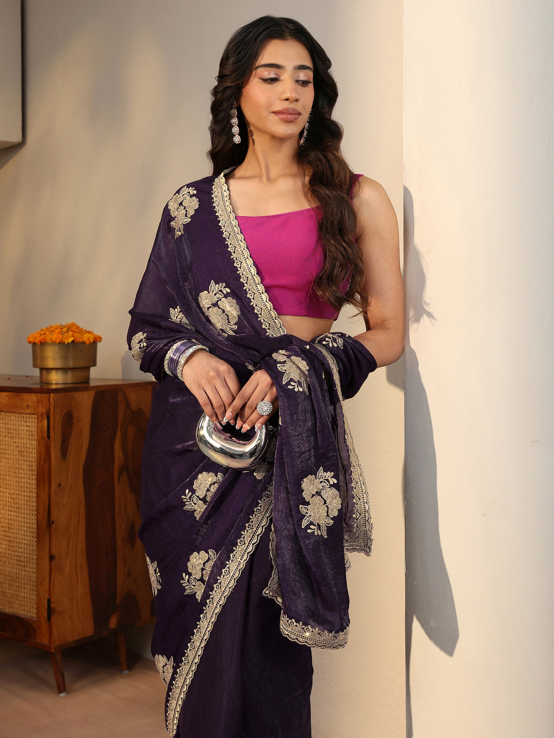 Purple Floral Embroidered Tissue Saree