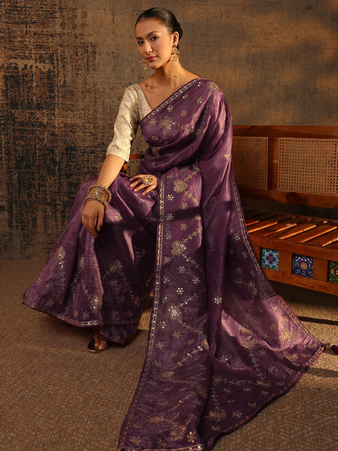 Purple Floral Embroidered Tissue Saree With Unstitched Blouse Piece